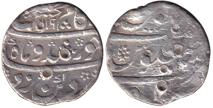 KamBaksh, Silver, Rupee, Ahsanabad Mint, AH 1119/Ahad. Mint name partly visible, test mark