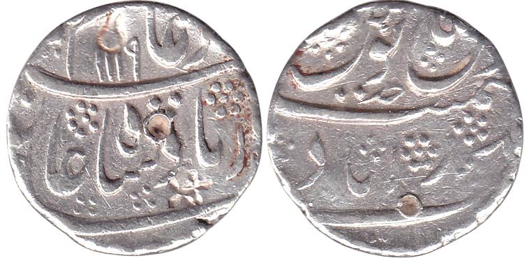 Shah Alam I, Silver, Rupee, Hyderabad Mint, AH 1119/Ahad, mint name at bottom on rev (KM 3