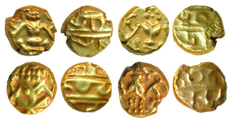 Wodeyaras, Narasimha Fanams, Gold (16), Lord Narasimha seated on obv, crude legend on rev.