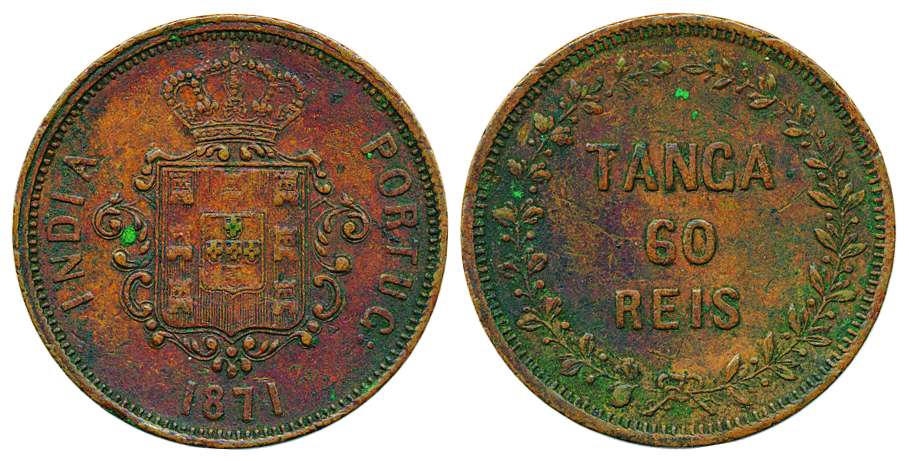 Luiz I, Copper, Tanga or 60 Reis, 1871, crowned arms on obv, denomination on rev (KM 306).