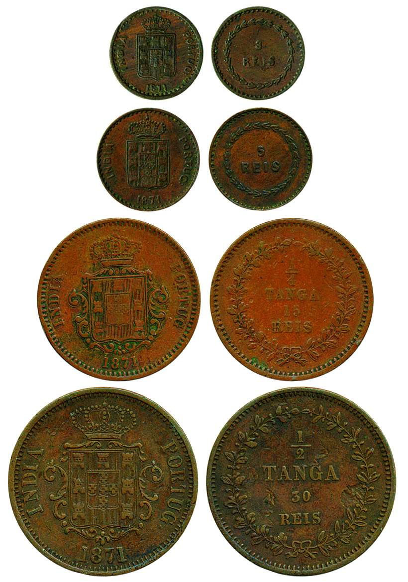 Luiz I, Copper (4), Set of 4: 1871, ½ Tanga or 30 Reis, ¼ Tanga or 15 Reis, 5 Reis and 3 R