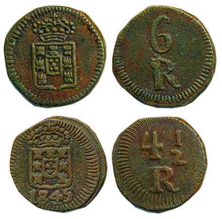 Copper (2), 6 Reis, undated; and 4 ½ Reis, 1845, crowned arms on obv, denomination on rev,