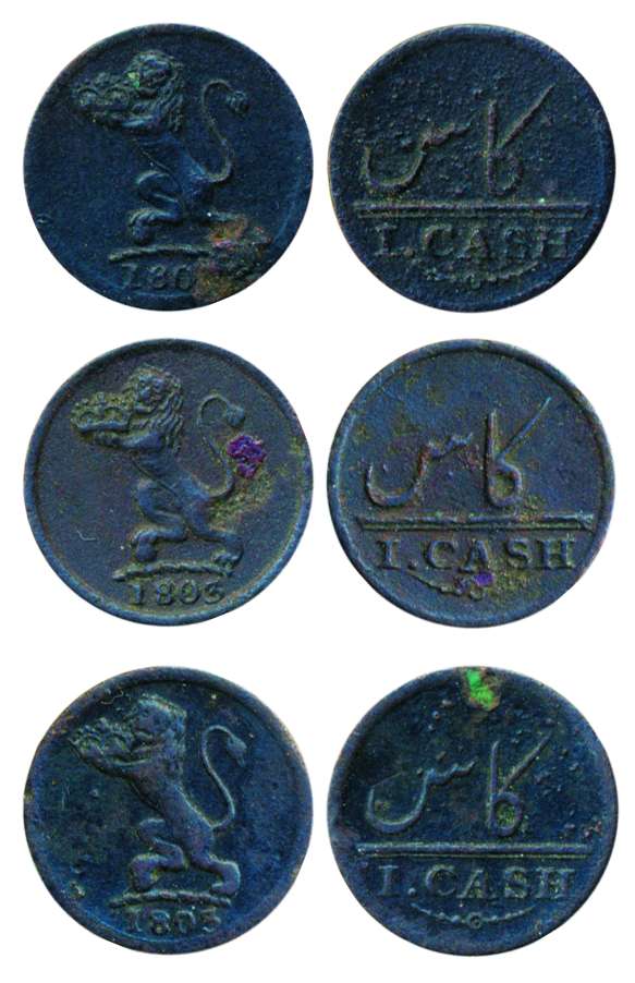 Copper (3), 1 Cash, 1803, lion holding a Royal Crown on obv, denomination in Persian and E