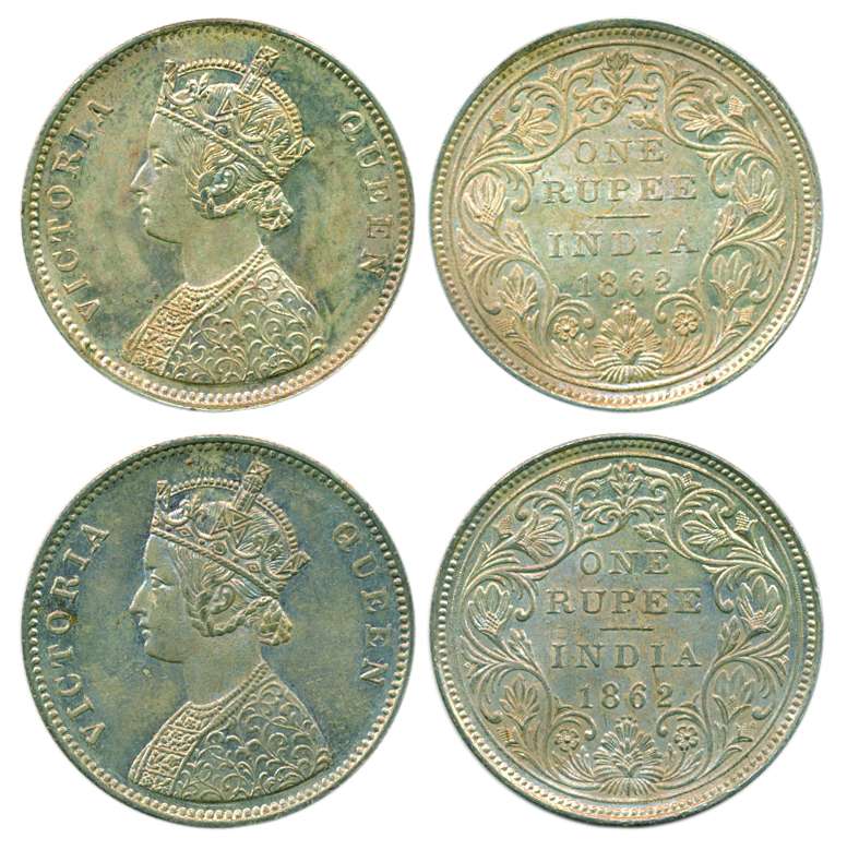 Victoria Queen, Silver, Rupee (2), Bombay Mint, 1862, A/II/0/4 (Pridmore# 79). Extremely F