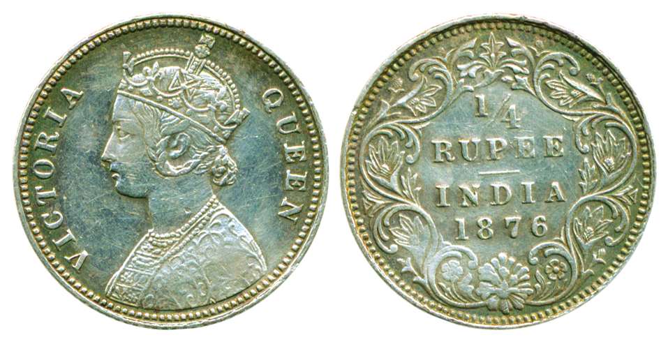 Victoria Queen, Silver, ¼ Rupee, 1876, Calcutta Mint, A/I/No mm (Pridmore # 381). Very Fin