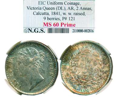 Victoria Queen, Silver, 2 Annas, Divided Legend, 1841, Calcutta Mint, W.W. raised, 9 Berri