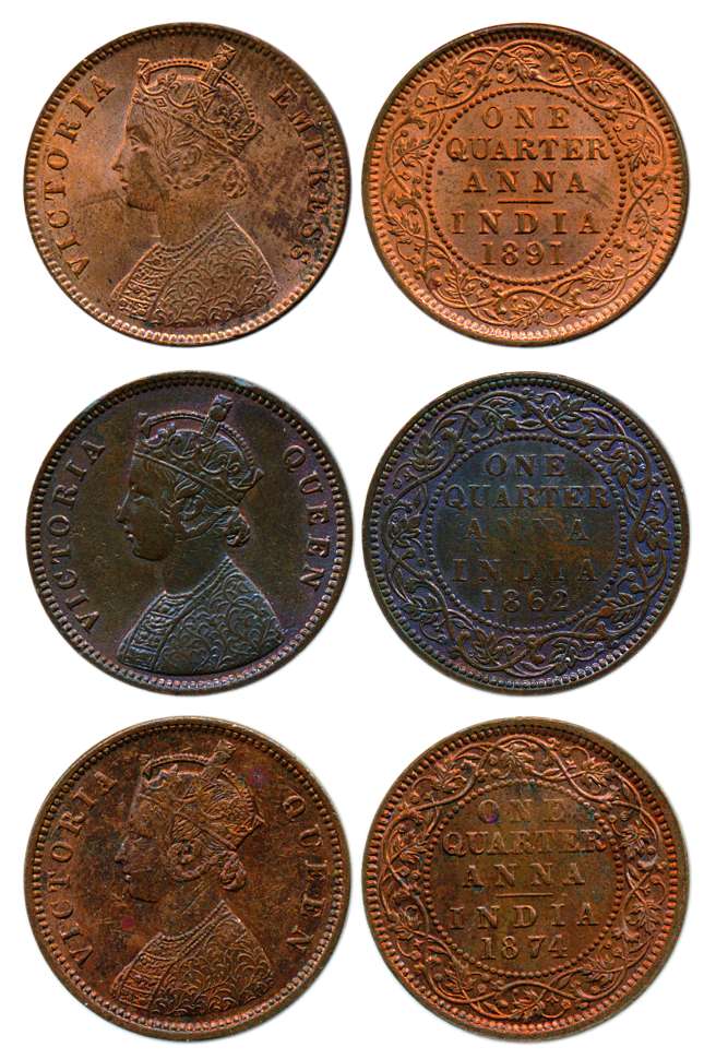 Victoria, Copper (3), ¼ Anna, 1862, 1874 and 1891. All UNC, Scarce. 3 coins