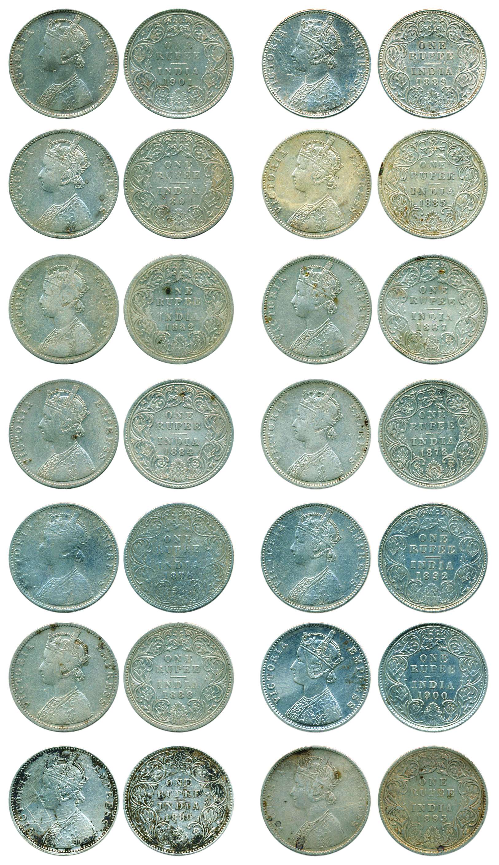 Victoria Empress, Silver, Rupee (14) 1878, 1889, 1882, 1884, 1885, 1886, 1887, 1888, 1889,