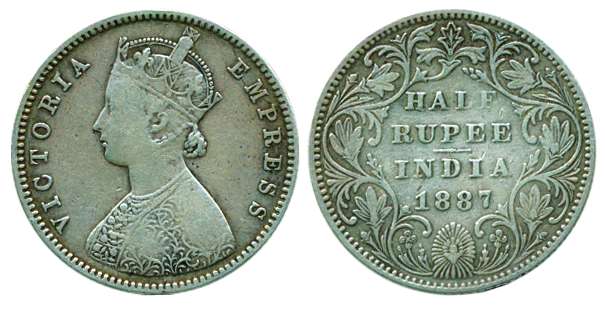 Victoria Empress, Silver, ½ Rupee, 1887, Bombay Mint, A/II/’B’ raised (Pridmore # 263). Fi