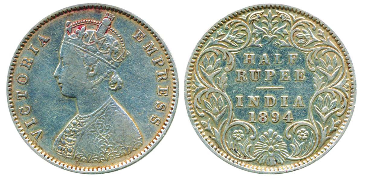 Victoria Empress, Silver, ½ Rupee, 1894, Bombay Mint, A/I/’B’ incused (Pridmore # 304). Ab