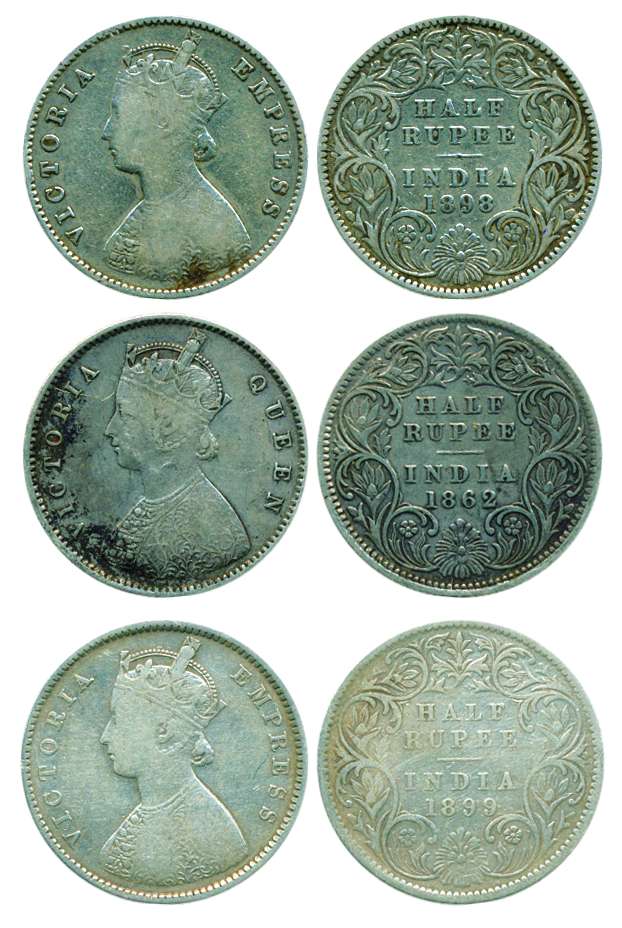 Victoria Queen/Empress, Silver (3), ½ Rupee, 1862, Calcutta Mint, A/I/No mm; 1898, A/I/’C’