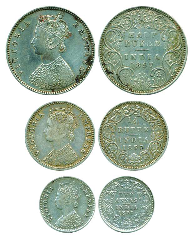 Victoria Empress, Silver (3), ½ Rupee, ¼ Rupee, and 2 Annas, 1897, Bombay Mint, A/I/’B’ in