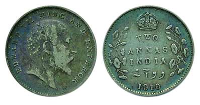 Edward VII, Silver, 2 Annas, Bombay Mint, 1910, with dot (Unlisted). Very Fine, Very Rare.