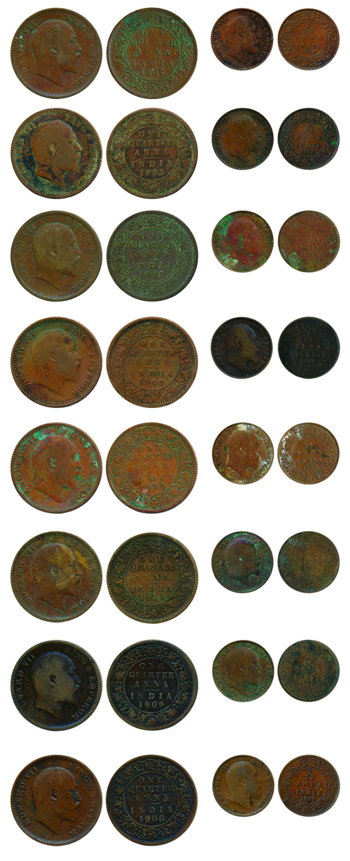 Edward VII, Copper (16), ¼ Anna and 1/12 Anna, 1903 to 1910. Fine+ to Very Fine, Scarce. 1