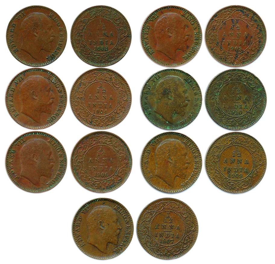 Edward VII, Copper (7), 1/12 Anna, 1904, 1905, 1906, 1907, 1908, 1909 and 1910. Very Fine+