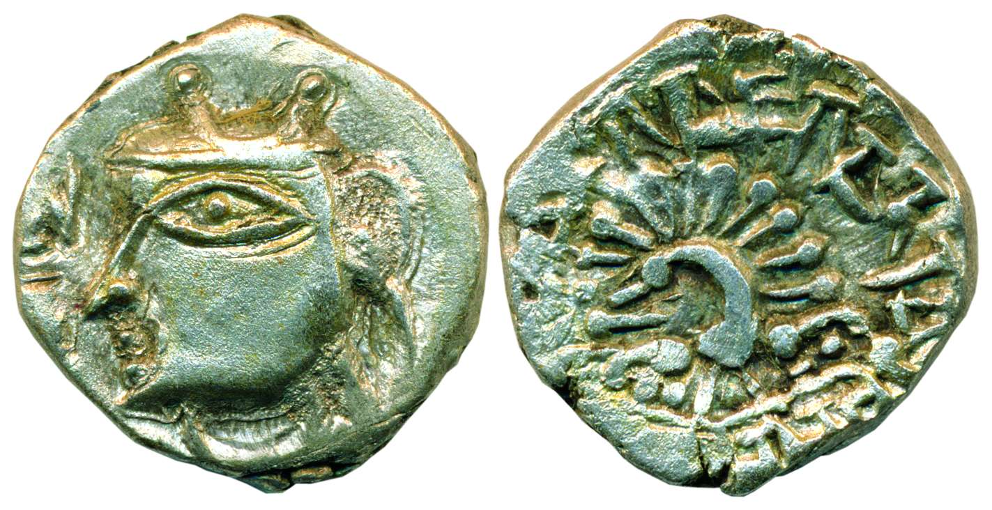 Maukharis, Silver, 2.27 g, portrait type with the king’s face to left on obv, a stylized p