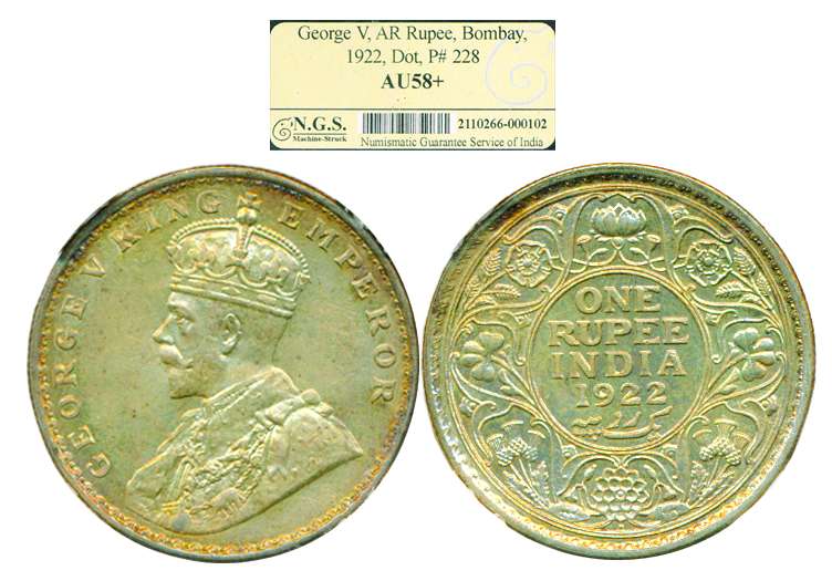 George V, Silver, Rupee, 1922, Bombay Mint, Dot mint mark (Pridmore# 228). Graded and Slab