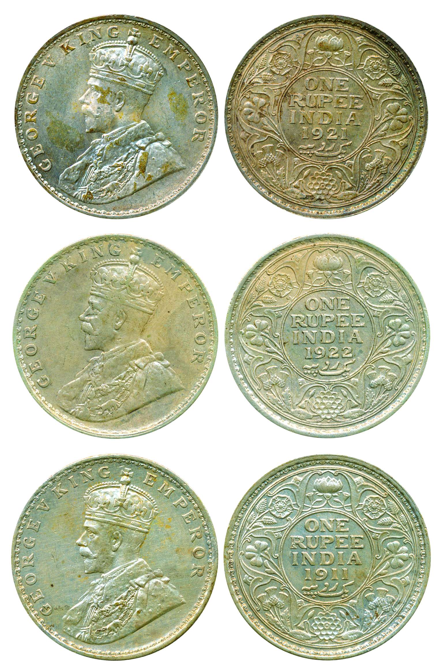 George V, Silver (3), Rupee, 1911, 1921 and 1922, Bombay Mint (Pridmore# 217, 227 and 228)
