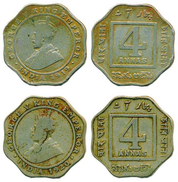 George V, Cupro-Nickel (2), 4 Annas, 1919 and 1920. Very Fine, Scarce. 2 coins
