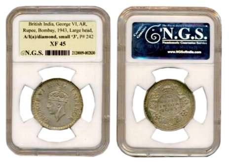 George VI, Silver, Rupee, 1943, Bombay Mint, Large Head type, A/I(a)/Diamond, Small 3 (Pri