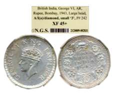 George VI, Silver, Rupee, 1943, Bombay Mint, Large Head type, A/I(a)/Diamond, Small 3 (Pri