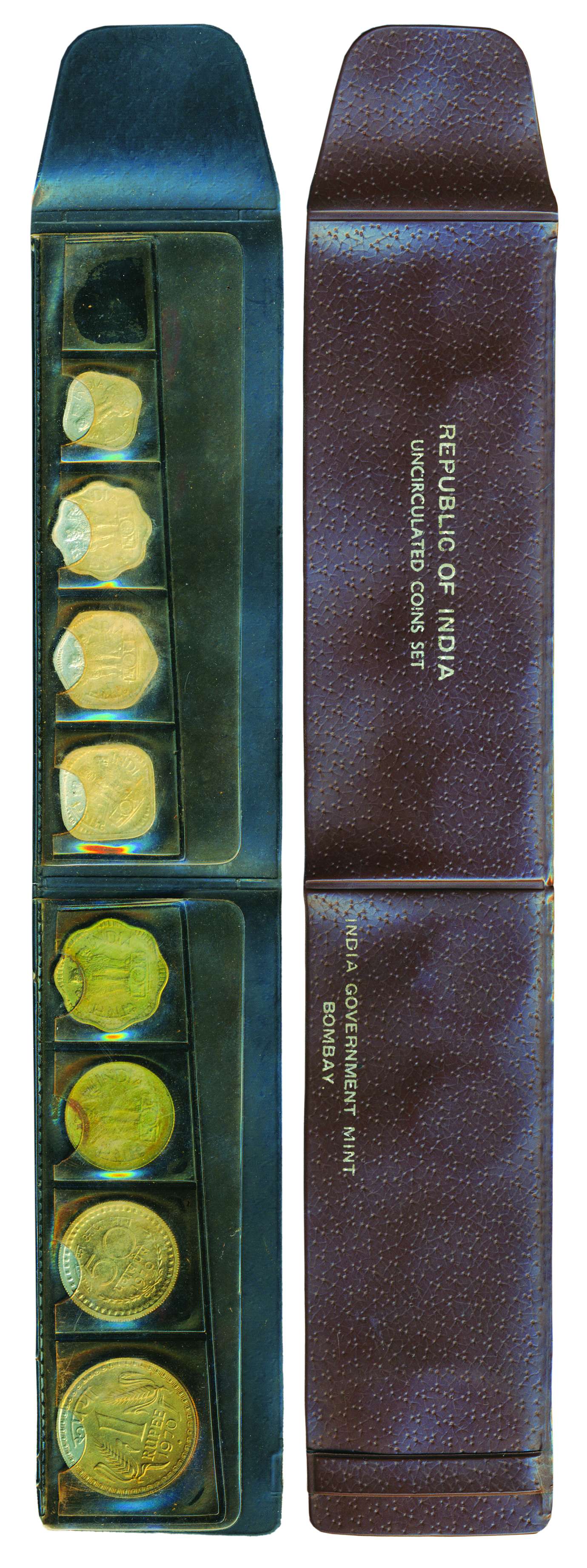UNC Set of 1970, Set of 8 coins from 1 Rupee to 1 Paisa, Bombay Mint, Diamond Dot as mint 