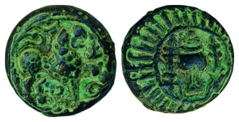 Vishnukundin, Copper, 7.43 g, conch shell on obv, a roaring lion to right on rev. Green pa