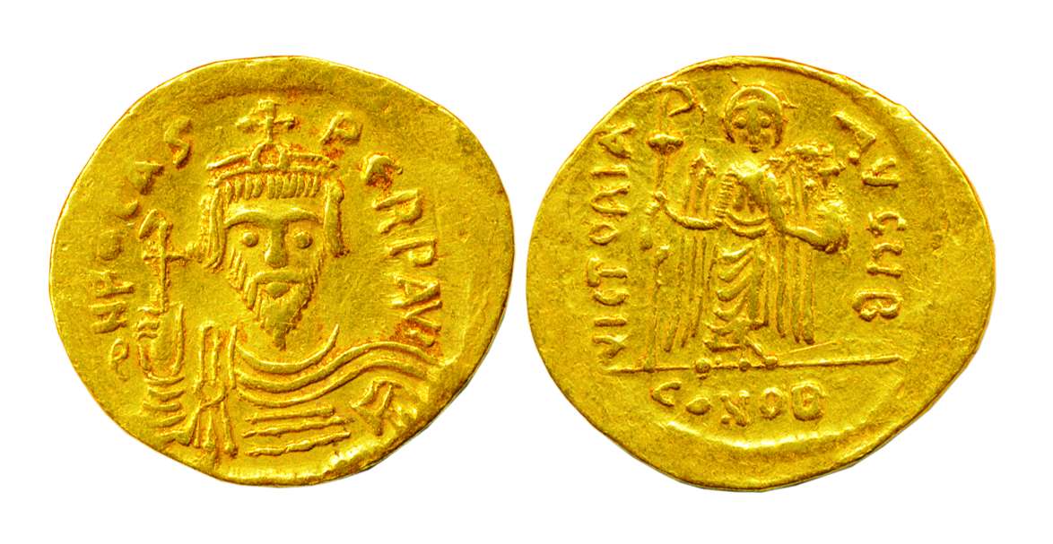 Byzantine, Phocas (AD 602-610), Gold, 4.37 g, portrait facing front on obv with Greek lege