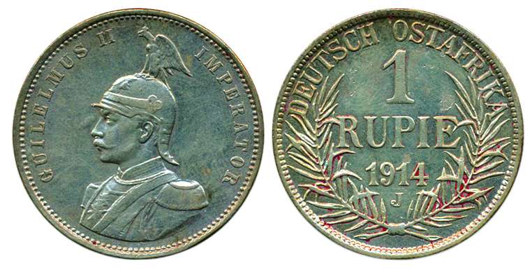 German East Africa, Gullelmus II, Silver, Eine (1) Rupie, 1914 J. UNC, Scarce in this cond