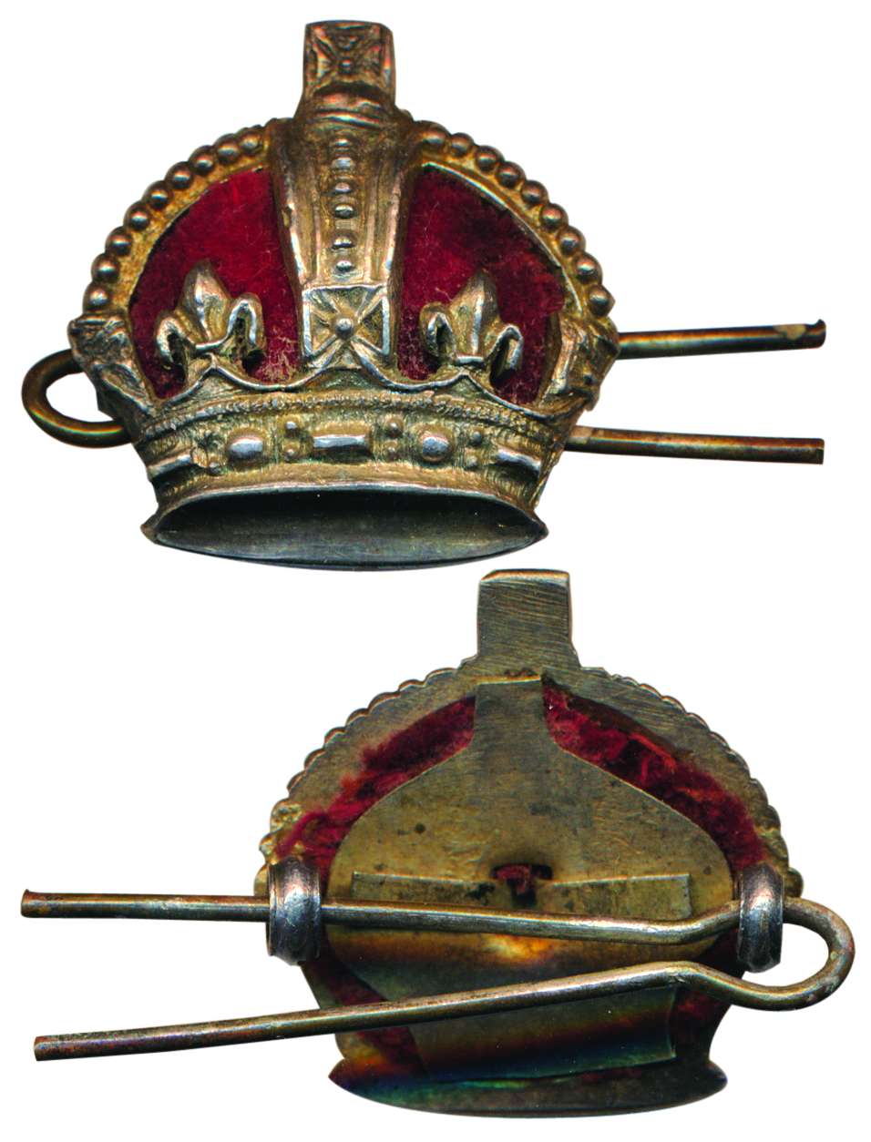 British Cap Badge, a British Crown with the red velvet in the background and two hooks for