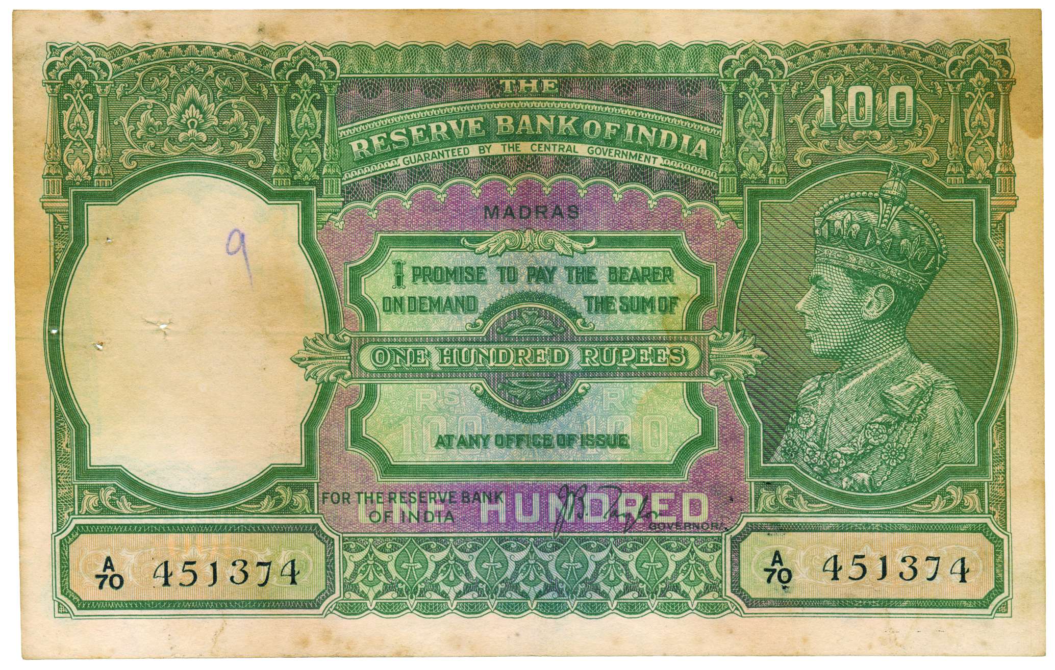 George VI, 100 Rupees, Sign by J B Taylor, Madras Circle of issue, Prefix A70, Type 7, Pro