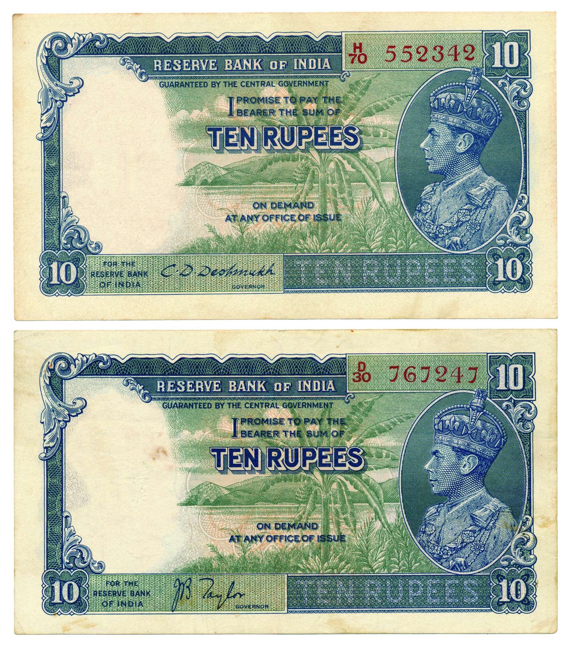 George VI, 10 Rupees (2), Sign by J B Taylor and C D Deshmukh, 1st Issue, Side Face, Prefi