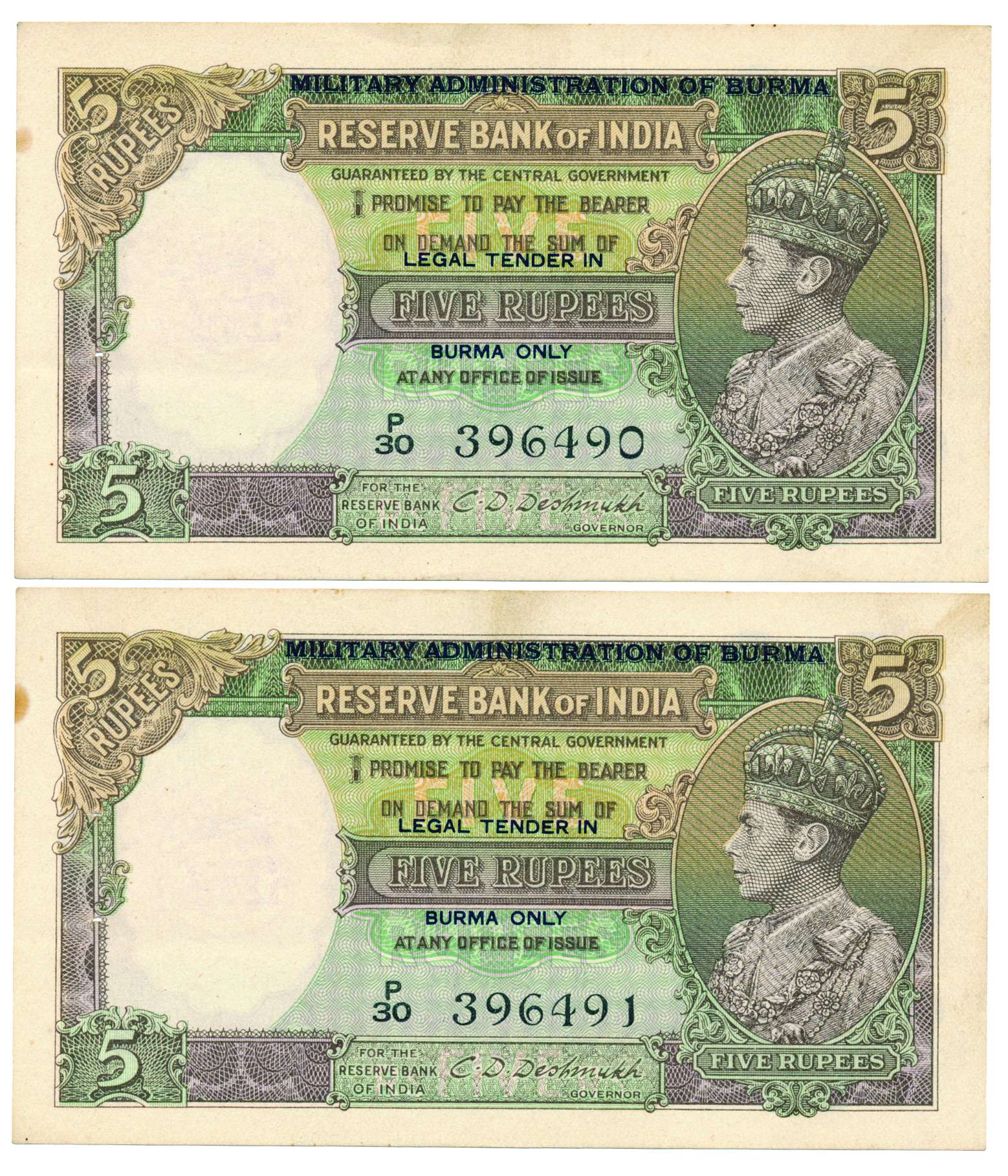 Burma, George VI, 5 Rupees(2), Sign by C D Deshmukh,Black Overprint in 3 lines on obv, Typ
