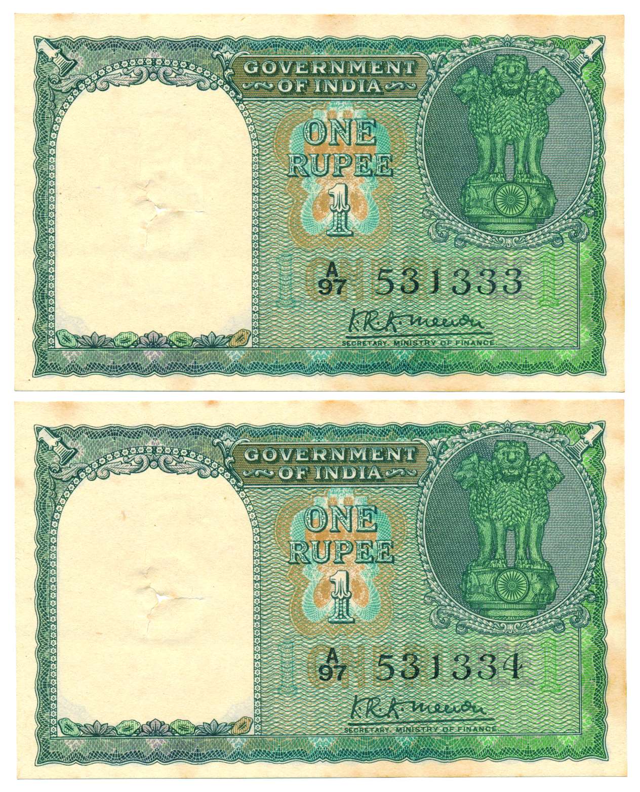 Rupee, 1st Issue, 1949, Sign by K R K Menon, Prefix A97 with the both the notes from the s