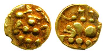 Hoyasalas, Gold, 0.39 g, Fanam, a lion to right on obv, a seated Goddess on rev. About Ext