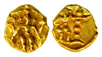 Hoyasalas, Gold, 0.40 g, Fanam, Lord Vishnu, four handed and holding his weapons and facin