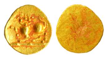 Rajula Reddy Fanam, Gold, 0.20 g, ½ Fanam, a stylized lion standing to left on obv, unifac
