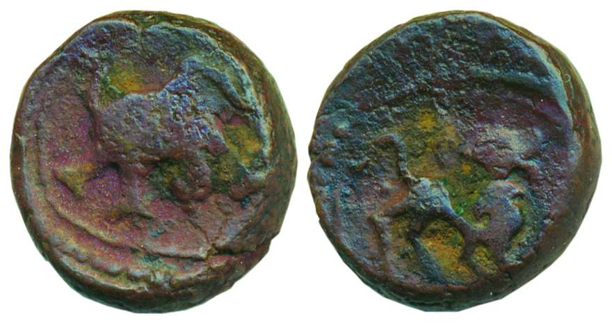 Vijayanagara Empire, Copper, 8.33 g, Anonymous, elephant running to right on obv, a lion l