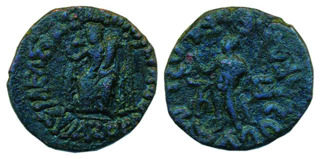 Indo-Scythians, Azez, Copper, Greek God Zeus seated in the centre with Greek legend around