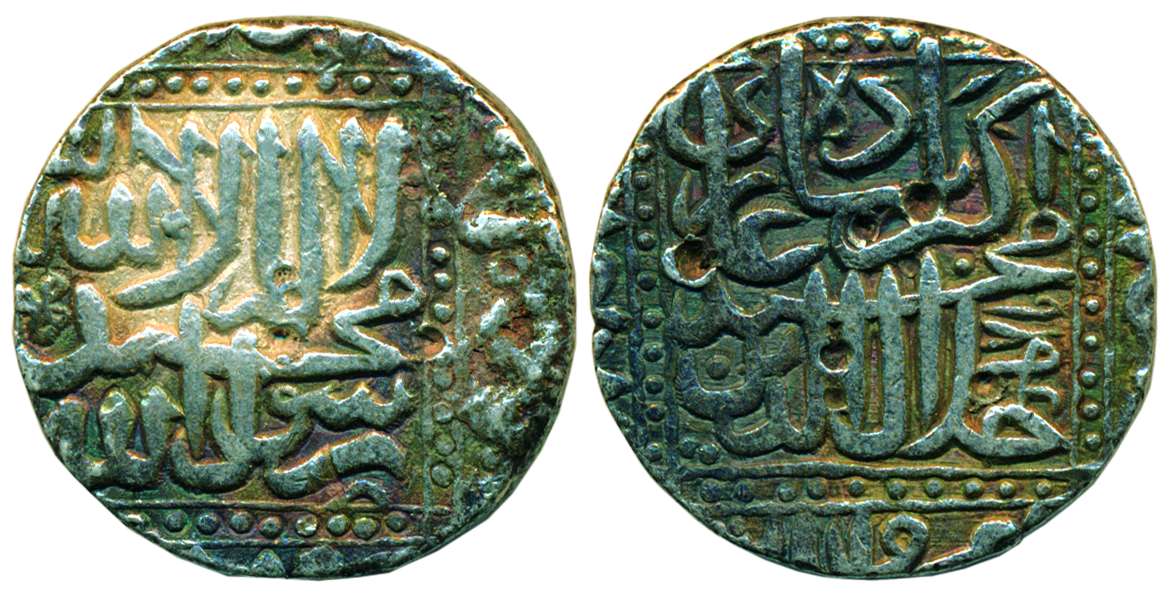 Akbar, Silver, Rupee, Naharwala Patan Mint, square area type, mint name at bottom on rev, 
