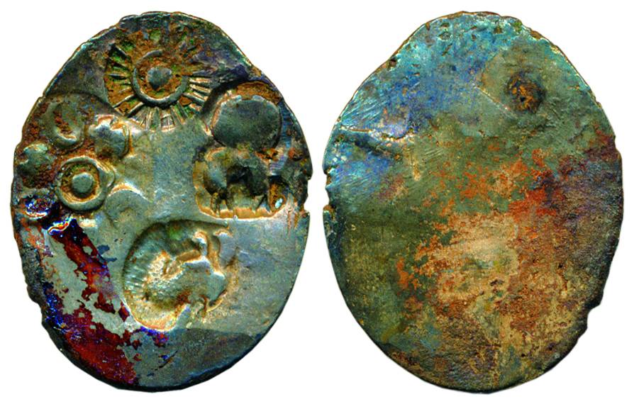 Punch-marked Coins, Bengal Region, 5th century BC, Silver, 2.03 g, four-symbol series of M