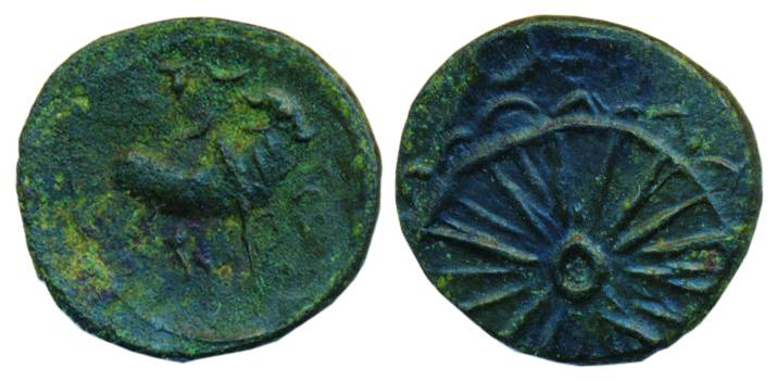 Pallavas, Copper, 1.05 g, bull standing to right on obv, a lotus on rev, anonymous. About 