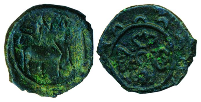 Banavasis, Copper, 0.97 g, a bull standing to right on obv, an ornate lotus on rev, anonym