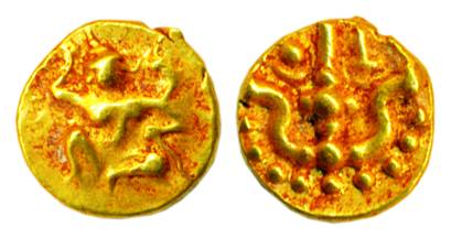 Shilaharas of Kolhapur, Gold, 0.78 g, Double Fanam, Garuda seated to right on obv, an orna