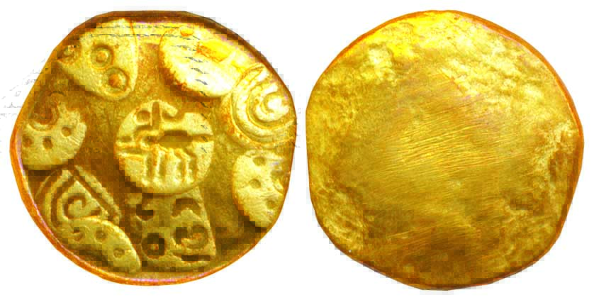 Kakatiyas of Warangal, Prataprudradeva, Gold, 3.57 g, Punch-marked type with a central pun