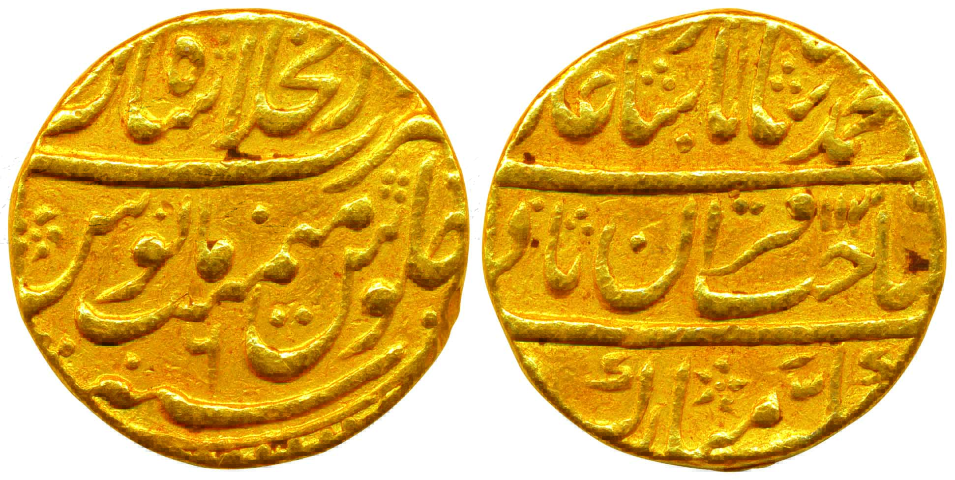 Muhammad Shah, Gold, 10.89 g, Mohur, Shahjahanabad Mint, mint name at top on rev, AH 1126/