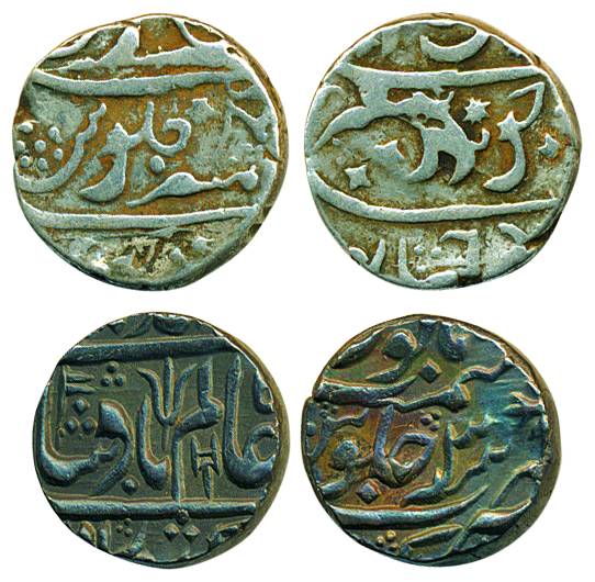 Nipani and Kora Mints, Silver (2), Rupee, in the names of Aurangzeb and Shah Alam II. The 