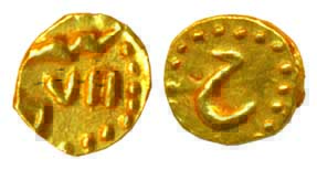 Haider Ali, Gold, 0.19 g, ½ Fanam, Persian initial He for Haider on obv, sanah 1189 on rev