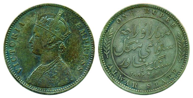 Alwar, Mangal Singh, Silver, Rupee, with the name and portrait of Victoria Empress, 1882, 