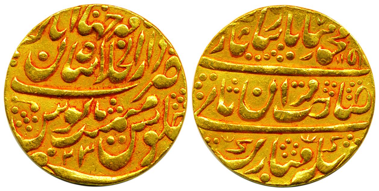 Gold, 10.75 g, Mohur, in the name of Muhammad Shah, Sahib Qiran type, Shahjahanabad mint, 